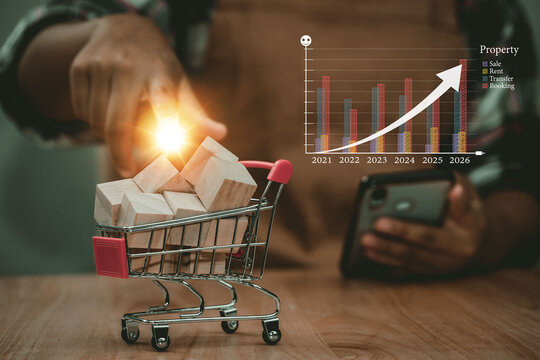 Carpenter using smartphone for reporting real estate with illustration stock diagrams chart for new hight booking. Property hight sale graph dashboard with key performance indicators. - Powered by Adobe