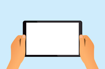 man holds a tablet in his hands. blank screen with place for your text.