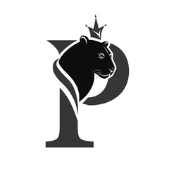 Capital Letter P with Black Panther. Royal Logo. Cougar Head Profile. Stylish Template. Tattoo. Creative Art Design. Emblem  for Brand Name, Sports Club, Printing on Clothing. Vector illustration