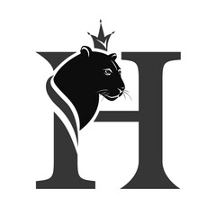 Capital Letter H with Black Panther. Royal Logo. Cougar Head Profile. Stylish Template. Tattoo. Creative Art Design. Emblem  for Brand Name, Sports Club, Printing on Clothing. Vector illustration
