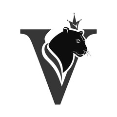 Capital Letter V with Black Panther. Royal Logo. Cougar Head Profile. Stylish Template. Tattoo. Creative Art Design. Emblem  for Brand Name, Sports Club, Printing on Clothing. Vector illustration