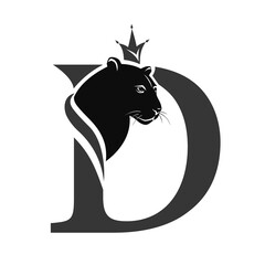 Capital Letter D with Black Panther. Royal Logo. Cougar Head Profile. Stylish Template. Tattoo. Creative Art Design. Emblem  for Brand Name, Sports Club, Printing on Clothing. Vector illustration