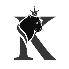 Capital Letter K with Black Panther. Royal Logo. Cougar Head Profile. Stylish Template. Tattoo. Creative Art Design. Emblem  for Brand Name, Sports Club, Printing on Clothing. Vector illustration