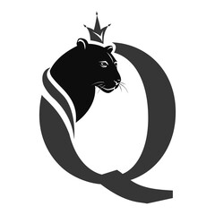 Capital Letter Q with Black Panther. Royal Logo. Cougar Head Profile. Stylish Template. Tattoo. Creative Art Design. Emblem  for Brand Name, Sports Club, Printing on Clothing. Vector illustration