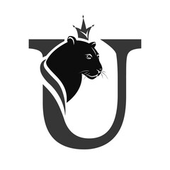 Capital Letter U with Black Panther. Royal Logo. Cougar Head Profile. Stylish Template. Tattoo. Creative Art Design. Emblem  for Brand Name, Sports Club, Printing on Clothing. Vector illustration