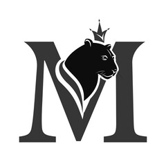 Capital Letter M with Black Panther. Royal Logo. Cougar Head Profile. Stylish Template. Tattoo. Creative Art Design. Emblem  for Brand Name, Sports Club, Printing on Clothing. Vector illustration
