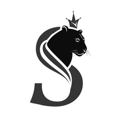 Capital Letter S with Black Panther. Royal Logo. Cougar Head Profile. Stylish Template. Tattoo. Creative Art Design. Emblem  for Brand Name, Sports Club, Printing on Clothing. Vector illustration