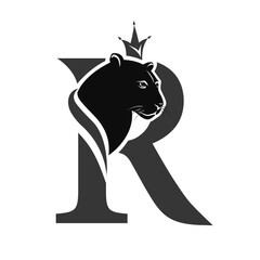 Capital Letter R with Black Panther. Royal Logo. Cougar Head Profile. Stylish Template. Tattoo. Creative Art Design. Emblem  for Brand Name, Sports Club, Printing on Clothing. Vector illustration