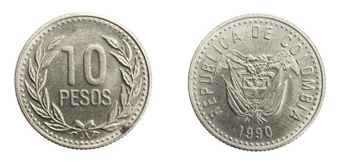 Colombia ten pesos coin on white isolated background