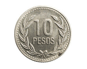 Colombia ten pesos coin on white isolated background