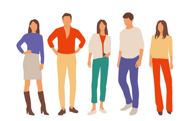 Fototapeta premium Set of young men and women, different colors, cartoon character, group of silhouettes of standing business people, students, the design concept of flat icon, isolated on white background