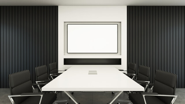 Office boardroom design Modern and Loft,TV on white wall,Wood black slat wall,White table metal leg,Black leather office chair - 3D render