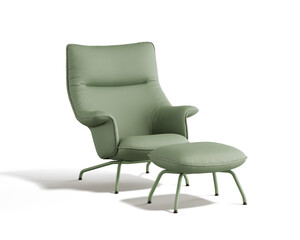 3d rendering of an isolated modern sage green mid century cosy lounge wingback armchair	with foot stool
