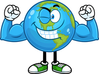 Smiling Earth Globe Cartoon Character Winking And Showing Muscle Arms. Vector Hand Drawn Illustration Isolated On Transparent Background