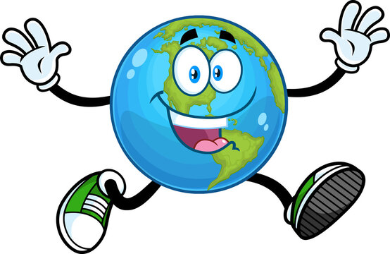 Happy Earth Globe Cartoon Character Running With Open Arms. Vector Hand Drawn Illustration Isolated On Transparent Background