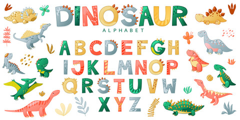 Cartoon cute dinosaur alphabet. Vector illustration with dino for t-shirts, cards, posters, birthday party, paper design, kids and nursery design.