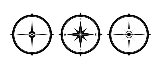 Black compass symbol for mapping. North sign set. 