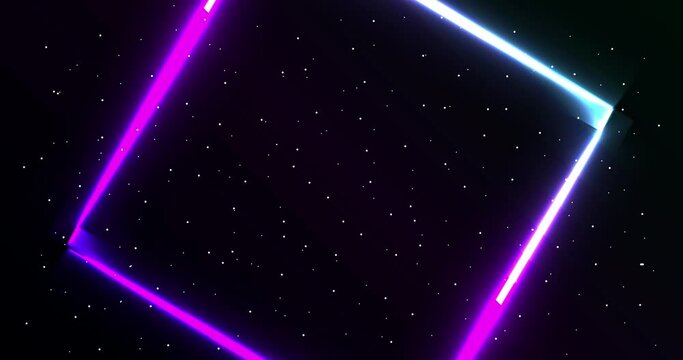 Abstract Neon square in space animation background. Fast moving colorful neon on dark space background with small stars. Flashing lights effect.