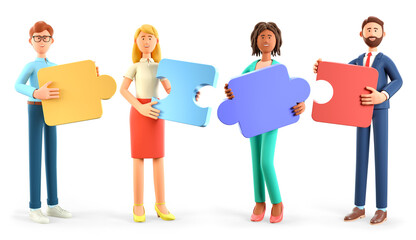3D illustration of people connecting together puzzle elements. Business teamwork and collaboration, partnership, cooperation concept. Multicultural team, unity in diversity.