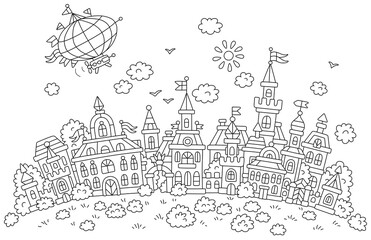Airship flying over pretty houses, castles, palaces and towers of an old small town from a fairytale on a sunny summer day, black and white outline vector cartoon for a coloring book page