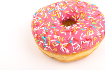 Fresh made Donuts isolated on white background. Doughnuts are traditional sweet pastries. Copy space for text.