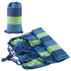striped hammock in blue and green stripes, lies partially unfolded, next to there is a bag with another hammock