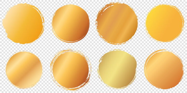 set of gold round brush painted ink stamp circle banner on transparent background	

