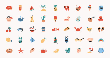 Collectionof summer icons with various food, clothes, fish and items about vacation. Set of simple isolated drawing in flat cartoon style