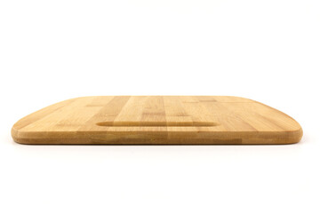 Top view high quality wood cutting board, brown wood. Chopping boards made from natural bamboo. Isolated image kitchen utensil on white background.