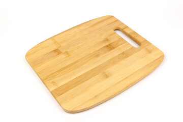 Top view high quality wood cutting board, brown wood. Chopping boards made from natural bamboo. Isolated image kitchen utensil on white background.