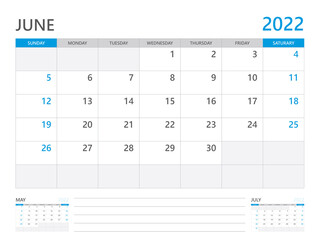 June 2022 year, Calendar planner 2022 and Set of 12 Months,  week start on Sunday. Desk calendar 2022 design, simple and clean design, Wall calendar, Corporate design planner template vector