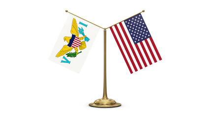 Virgin Islands 3D rendered flag. Side by side with the flag of the United States of America. Tiny golden office flagpole isolated on white background.