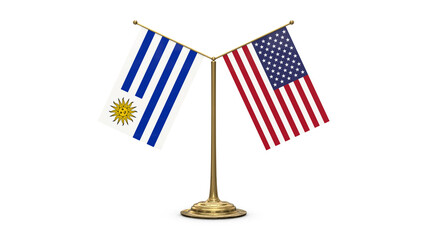 Uruguay 3D rendered flag. Side by side with the flag of the United States of America. Tiny golden office flagpole isolated on white background.