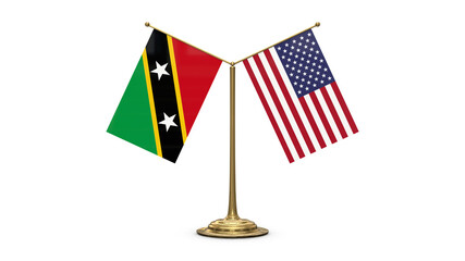 St. Kitts And Nevis 3D rendered flag. Side by side with the flag of the United States of America. Tiny golden office flagpole isolated on white background.