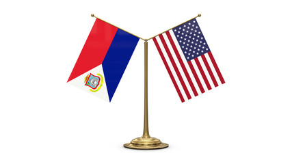 Sint Maarten 3D rendered flag. Side by side with the flag of the United States of America. Tiny golden office flagpole isolated on white background.