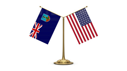 Montserrat 3D rendered flag. Side by side with the flag of the United States of America. Tiny golden office flagpole isolated on white background.