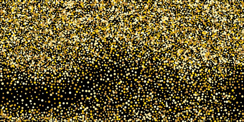 Golden point confetti on a black background. Illustration of a drop of shiny particles. Decorative element. Element of design. Vector illustration, EPS 10.