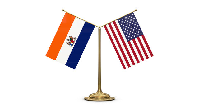 Albany New York 3D rendered flag. Side by side with the flag of the United States of America. Tiny golden office flagpole isolated on white background.