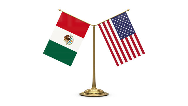 Mexico 3D rendered flag. Side by side with the flag of the United States of America. Tiny golden office flagpole isolated on white background.