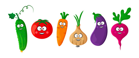 Cartoon vector vegetables kawaii. Stylized character emoticons. Funny illustration