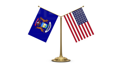 Michigan 3D rendered flag. Side by side with the flag of the United States of America. Tiny golden office flagpole isolated on white background.