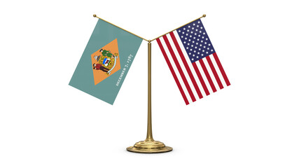 Delaware 3D rendered flag. Side by side with the flag of the United States of America. Tiny golden office flagpole isolated on white background.