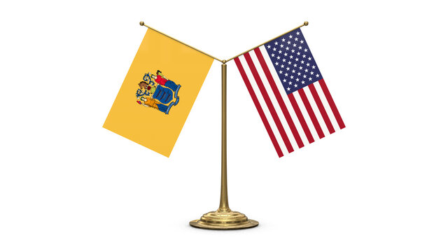 New Jersey 3D rendered flag. Side by side with the flag of the United States of America. Tiny golden office flagpole isolated on white background.
