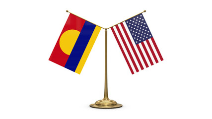 Palmyra Atoll 3D rendered flag. Side by side with the flag of the United States of America. Tiny golden office flagpole isolated on white background.