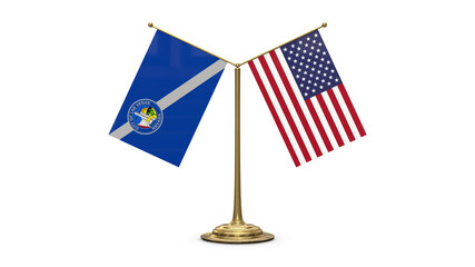 Las Vegas Nevada 3D rendered flag. Side by side with the flag of the United States of America. Tiny golden office flagpole isolated on white background.