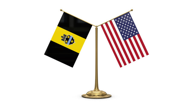 Pittsburgh Pennsylvania 3D rendered flag. Side by side with the flag of the United States of America. Tiny golden office flagpole isolated on white background.