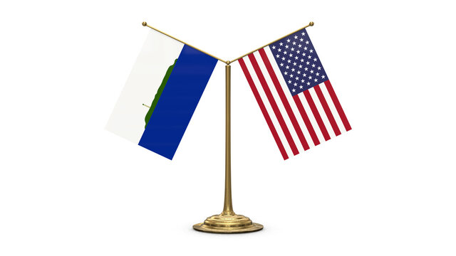 Navassa Island 3D rendered flag. Side by side with the flag of the United States of America. Tiny golden office flagpole isolated on white background.