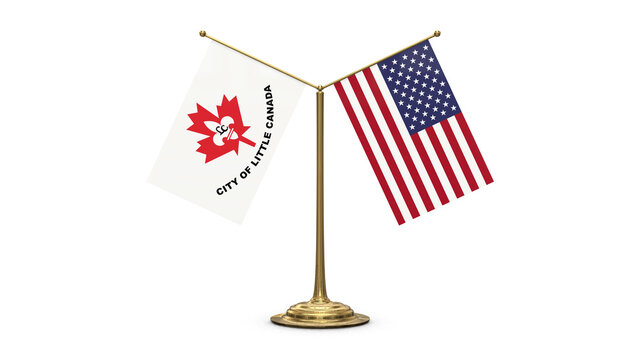 Little Canada Minnesota 3D rendered flag. Side by side with the flag of the United States of America. Tiny golden office flagpole isolated on white background.