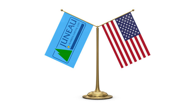 Juneau Alaska 3D rendered flag. Side by side with the flag of the United States of America. Tiny golden office flagpole isolated on white background.
