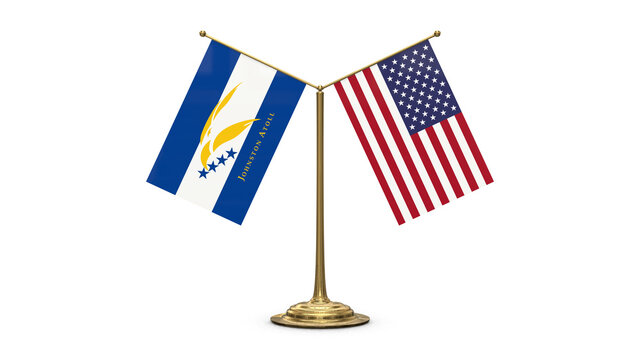 Johnston Atoll 3D rendered flag. Side by side with the flag of the United States of America. Tiny golden office flagpole isolated on white background.